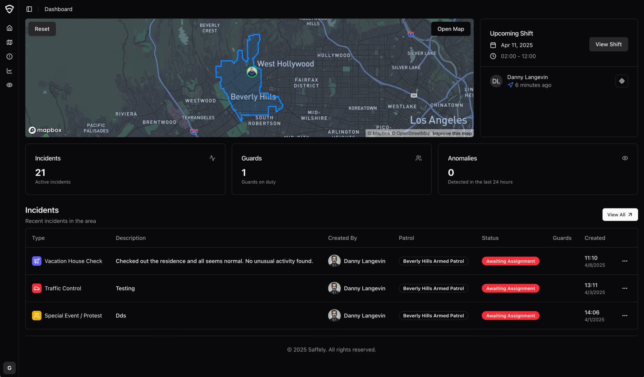 Saffely Control Center Dashboard